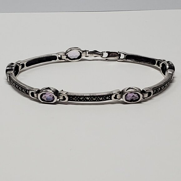 Amethyst & Marcasite Sterling Silver chain bracelet - Picture 2 of 12